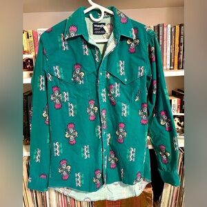 Vintage Wrangler Aztec Teal Pearl Snap Shirt Southwest Totem Print XL Tall 1980s